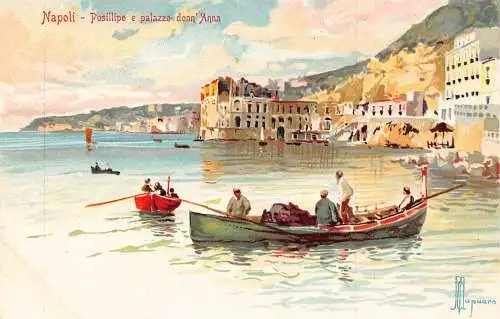 Italien Napoli Neapel Posillipo e Palazzo Donn Anna Boote Meer Vintage Postkarte