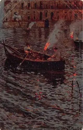 Italien Napoli Neapel Pesca di Notte a Posillipo Fischer Nachtboote Postkarte