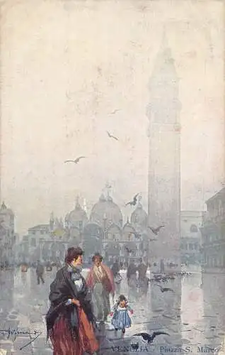 Italien Venedig Venezia 1908 Piazza San Marco bei Nebel Mädchen Mutter Vintage Postkarte