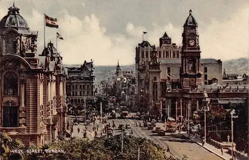 Südafrika Durban West Street Straßenbahn Autos Uhrturm Vintage Postkarte
