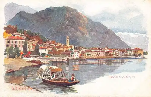 Italien Menaggio Boot See Kunst von JJ Redmond Chromo Litho Vintage Postkarte