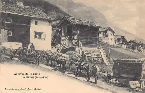 Schweizer Post Ankunft in Wildi Saas Fe Pferde Postbote Vintage Postkarte