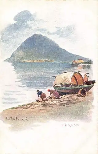 Schweiz Lugano Bootskunst von JJ Redmond Chromo Litho Postkarte