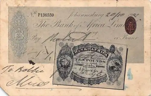 Südafrika Johannesburg 1907 Bank of Africa Banknote von zehn Pfund Postkarte