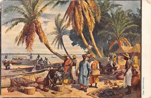 Togo Art Natives at Fish Market Fishing Boats Seashore Vintage Postkarte