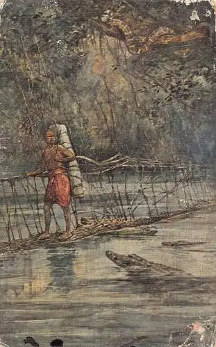Kongo Kunst Ureinwohner Mann passiert Holzbrücke Fluss Krokodil Vintage Postkarte