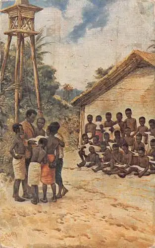 Kunst Kongo Ureinwohner Kinder in der Schule Jungen Lehrer Hütte Vintage Postkarte
