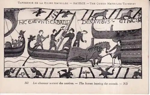 Frankreich Bayeux Königin Matildas Wandteppich Pferd verlässt Schiffe Boote Postkarte