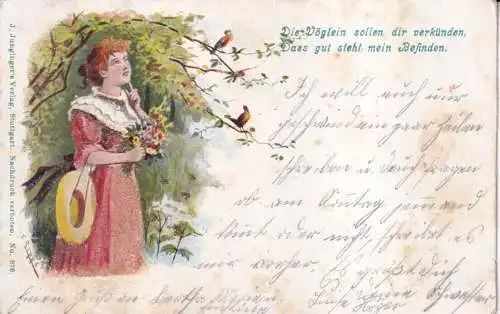 Frühlingsgruß 1901 junges Mädchen Glitzer Kleid Hut Blumen Vögel Vintage Postkarte