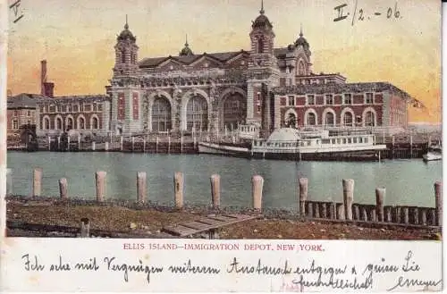 USA New York 1906 Ellis Island Immigration Depot W Fletcher Boot Glitzer Postkarte