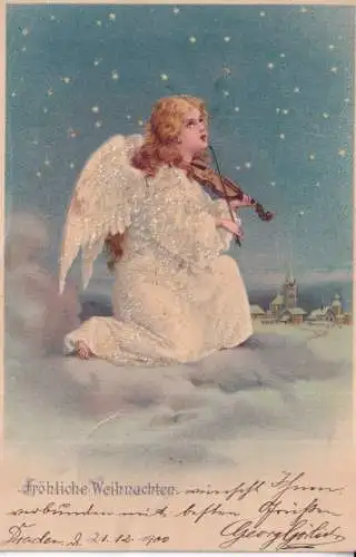 Weihnachtsgrüße 1900 Engel spielen Geige auf Wolken Sterne Vintage Postkarte