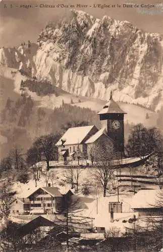 Schweiz Chateau d'Oex en Hiver L'Eglise et Dent de Corjon Vintage Postkarte