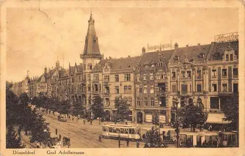 Deutschland 1913 Düsseldorf Graf Adolfstraße Straßenbahn Vintage Postkarte