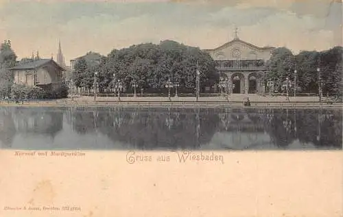 Deutschland Gruss aus Wiesbaden Kursaal und Musikpavillon Vintage Postkarte