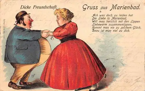 Deutschland Gruss aus Marienbad Gute Freunde Dicke Frau Mann hält Hände 1903 Postkarte