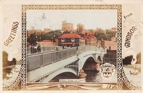 England Grüße von Windsor Bridge Castle Blumen Wappen 1911 Postkarte
