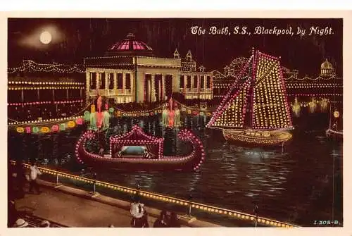 England The Bath Blackpool bei Nacht Mondschein Boote RPPC Vintage Postkarte