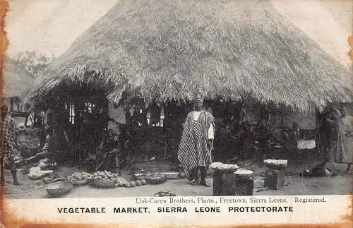 Sierra Leone Gemüsemarkt Ureinwohner ethnische Hütte Vintage Postkarte