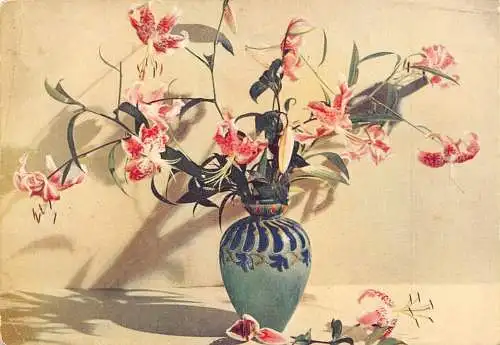 Blumen heimisch Japan weiß Lilium Speciosum in Vase Vintage Postkarte