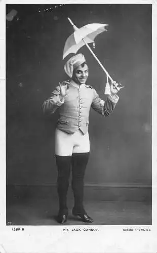 Edwardianischer Schauspieler Komiker Herr Jack kann nicht in Militäruniform Regenschirm Postkarte