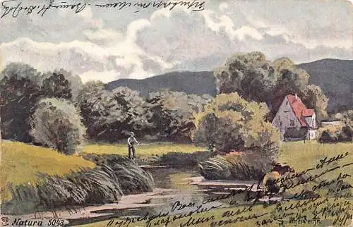 Russland 1905 Landschaft Fischer Fluss Haus Wald Kunst Vintage Postkarte