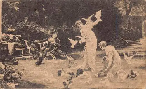 Russland 1929 Kunst schöne Mädchen füttern taucht Mann entspannt auf Stuhl Postkarte