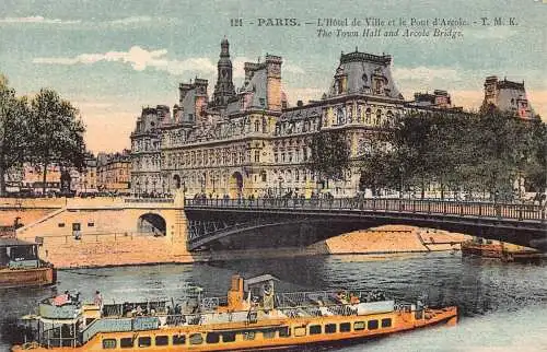 C090 Frankreich Paris Das Rathaus und Arcole Brücke Boot Vintage Postkarte