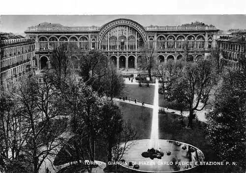 C078 Italien Torino Giardini di Piazza Carlo Felice e Stazione Vintage Postkarte