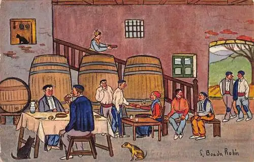 A983 Kunst von Boada Rohin Inn Szene Menschen trinken Weinfass Katze Hund 1932 Postkarte