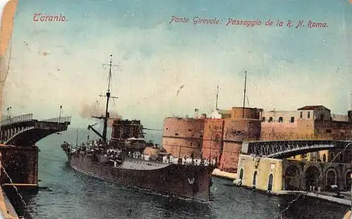 B002 Italien 1910 Taranto Ponte Girevole Passggio de RN Roma Dampfschiff Postkarte