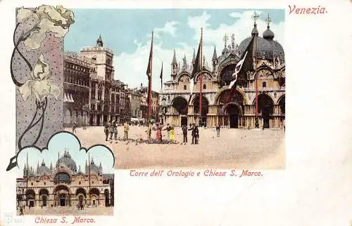 B001 Italien Venezia Venedig Torre dell Orologio Chiesa S Marco Blumen Postkarte