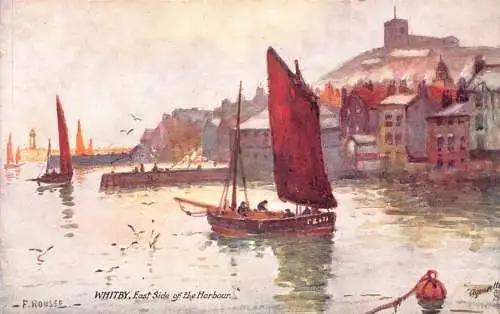 B006 England Whitby Ostseite des Hafens Segelboot Kunst Vintage Postkarte