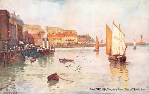 B006 England Whitby Westseite des Hafens Segelboot Kunst Vintage Postkarte