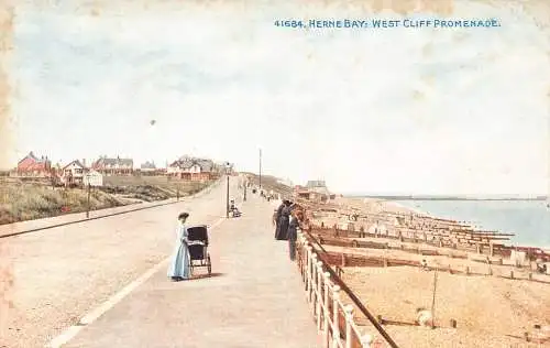 B004 England Herne Bay West Cliff Promenade Kinderwagen Vintage Postkarte