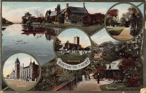 B004 England 1918 Burton on Trent Town Hall Parish Church Arbour Postkarte