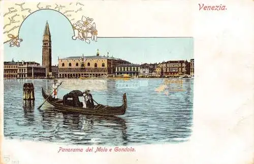 B001 Italien Venezia Venedig Panorama del Molo e Gondel Blumen Postkarte