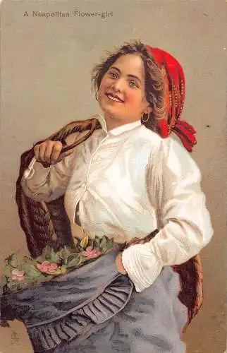 B001 Italien Ein neapolitanisches Blumenmädchen einheimischer ethnischer Verkäufer Vintage Postkarte