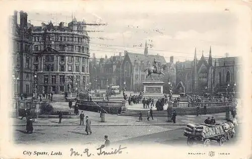 B005 England 1907 City Square Leeds Vintage Postkarte