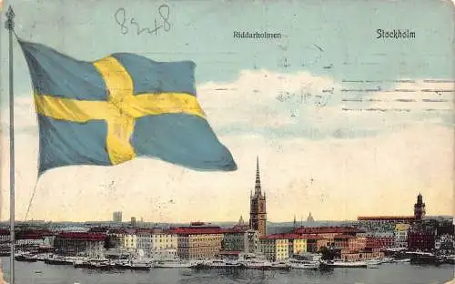 B001 Schweden 1908 Stockholm Riddarholmen Flagge Vintage Postkarte