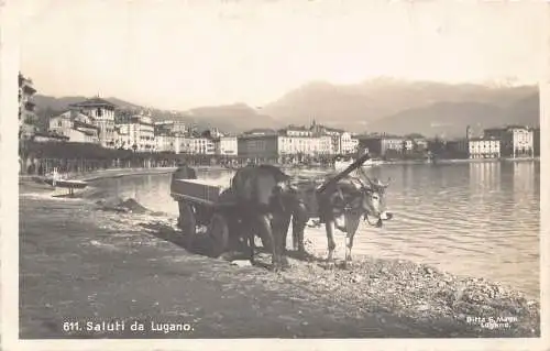 B008 Schweiz 1925 Saluti da Lugano Bullock Cart RPPC Postkarte