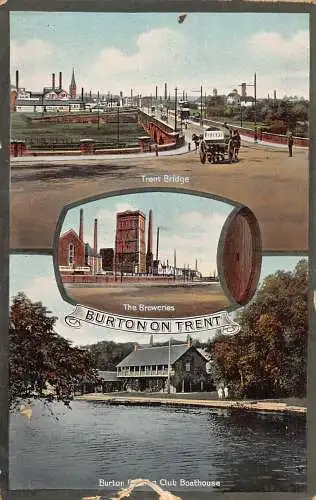 B003 England 1918 Burton on Trent Breweries Boathouse Bridge Industrie Postkarte
