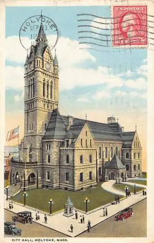 A990 US 1920 Massachusetts Holyoke City Hall Cars Vintage Postkarte