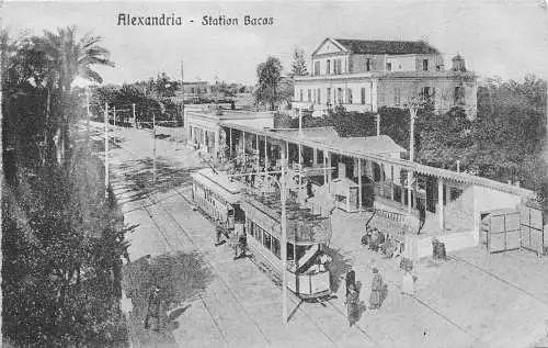 A992 Ägypten Alexandria Bahnhof Bacas Doppeldecker Straßenbahn Vintage Postkarte