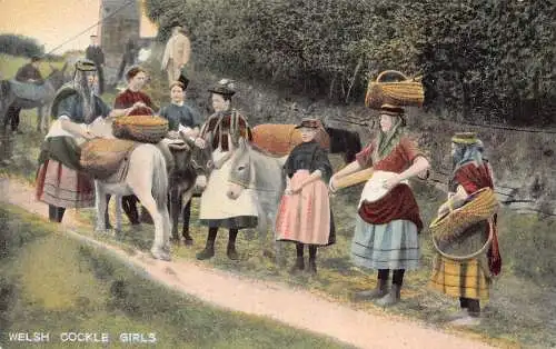 B007 Wales Welsh Women Cockle Girls Esel Körbe Ethno Vintage Postkarte