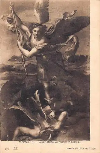B024 Art Louvre Museum Raffael - Saint Michel Terrasant Demon Postkarten