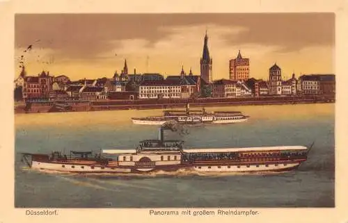 B022 Deutschland Düsseldorf 1924 Panorama Großem Rheindampfer Dampfschiff Postkarte
