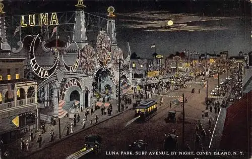 B015 US New York Coney Island Luna Park Surf Avenue Moonlight Straßenbahn Postkarte