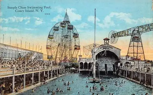 B015 US New York Coney Island Steeple Chase Schwimmbad Riesenrad Postkarte