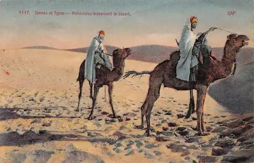 B012 Algerien Scenes et Types Meharistes traversant le desert Camels Postkarte