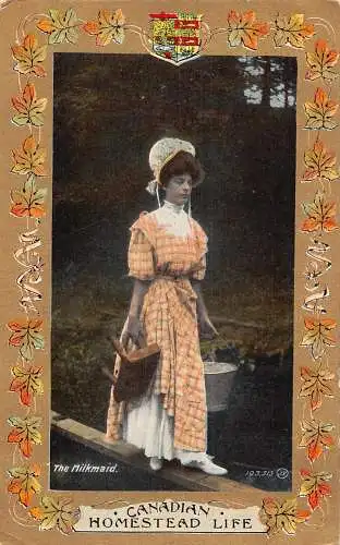 B020 Kanada Gehöft Leben Milchmädchen Frau Passepartout Vintage Postkarte